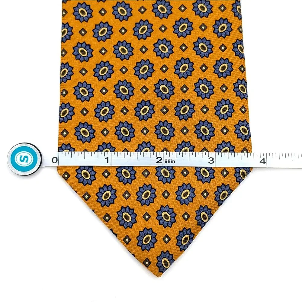 Vintage 90s Lands End Silk Jacquard Tie Geometric Medallion Gold Blue Y2K Preppy